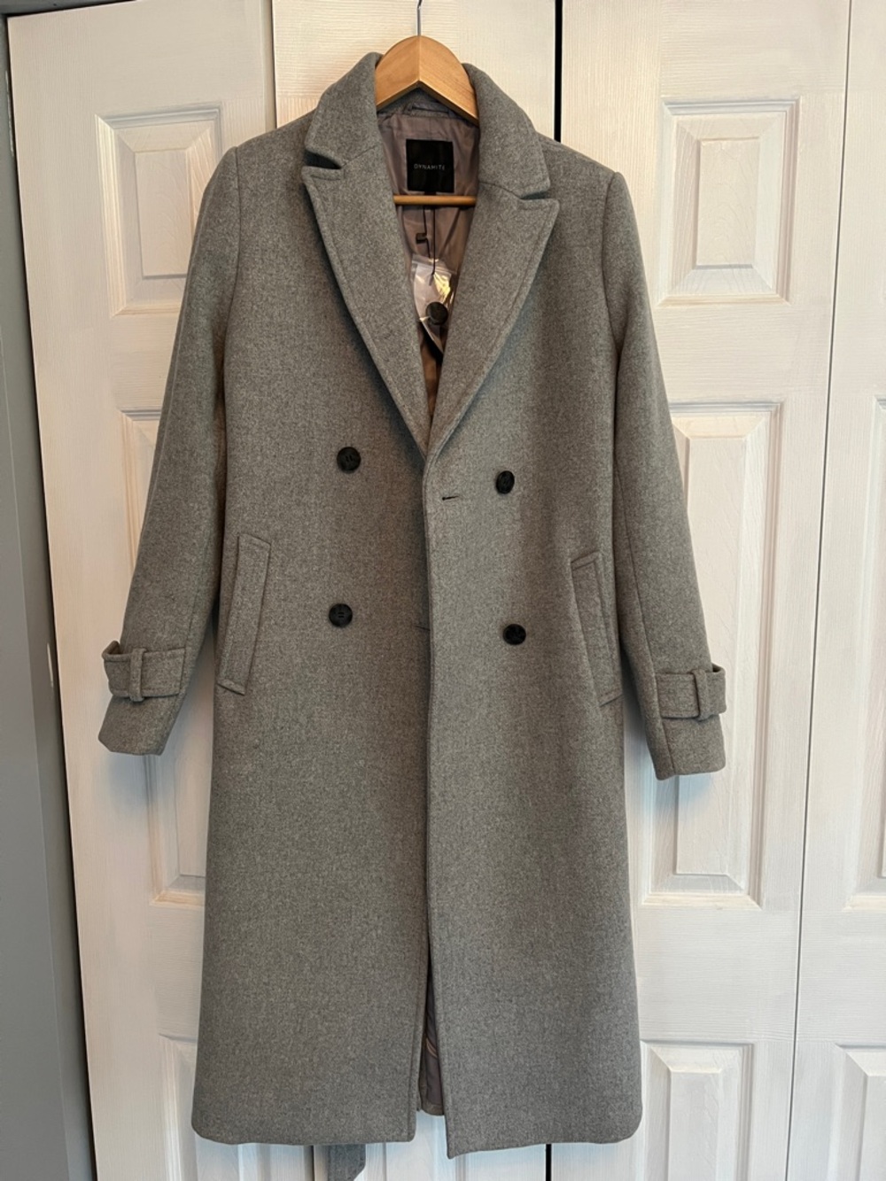 NEW Gray Double-Breasted Belted Wool Blend Coat - Dynamite
